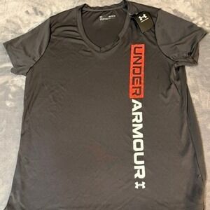 Under Armour Womens Velocity Wordmark V-Neck T-Shirt Gray XL 1372666-AVY NEW